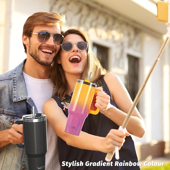 40 oz Shiny Tumbler with Handle and Straw,Stainless Steel Tumbler with Lid and Straw,Insulated Travel Mug(Cold for 34 Hours),Water Bottle for Iced Tea,Coffee (Yellow)