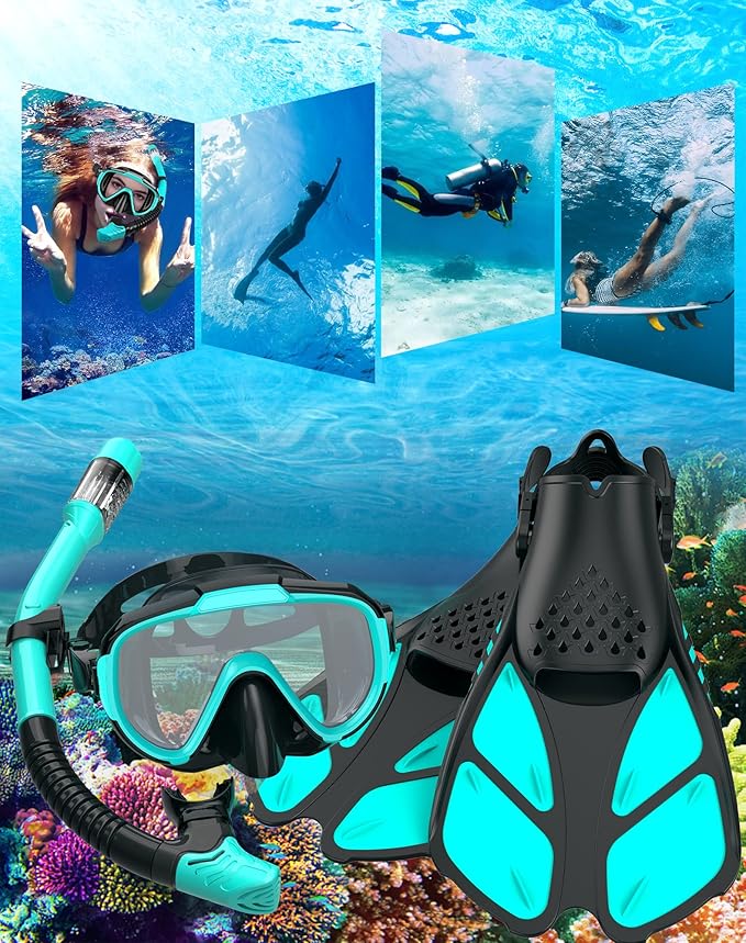 Ubekezele Snorkeling Gear for Adults Men Women,4 in 1 Snorkel Set with Panoramic View Diving Mask Anti-Fog Anti-Leak,Dry Top Snorkel,Fins and Travel Bag for Swimming,Snorkeling and Travel Diving