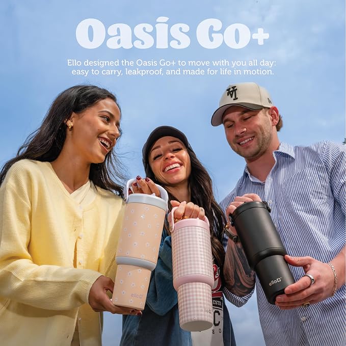 Ello Oasis Go+ 26oz Tumbler with Top Handle and Retracting Straw | Reusable Insulated Stainless Steel Cup, 100% Leakproof Water Bottle, 24 Hours Cold, Cup Holder Friendly For Travel | In The Clouds