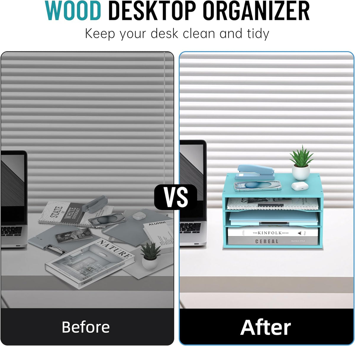 Wood Desk Organizer, 3 Tier Paper Tray Organizer for Desk with Adjustable Storage Shelves, Desktop Paper Sorter Mail Holder for Office Home Classroom, Blue