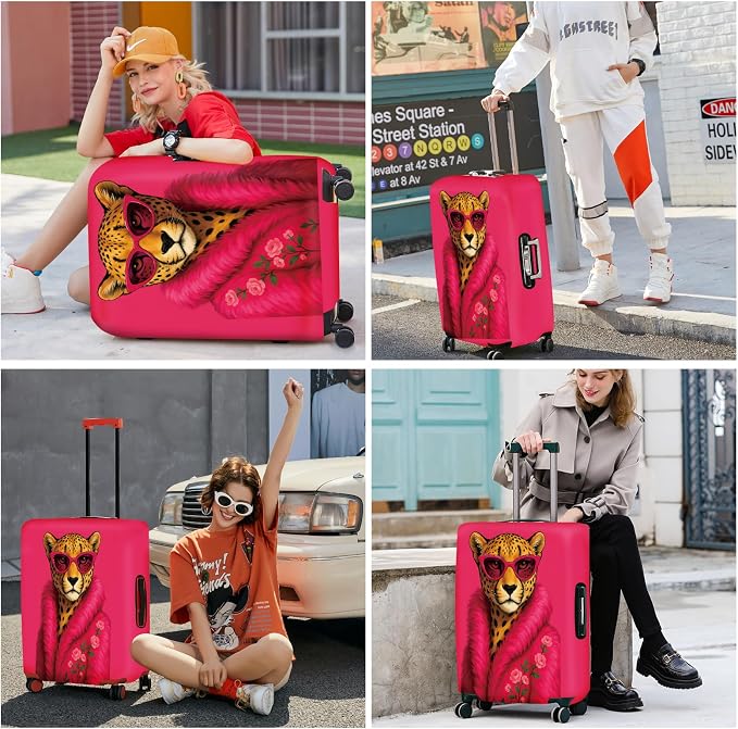 ANNA QUEEN Fashionable Leopard Luggage Cover, Leopard in Pink Coat and