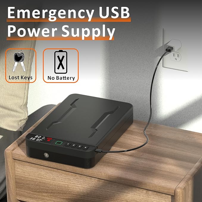 Portable Gun Pistol Safe with LCD Display of Temp, Biometric Fingerprint