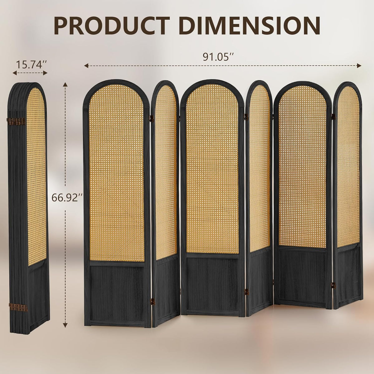 6 Panel Rattan Room Divier, Room Divider Panel and Folding Privacy Screens, Room Divider Wall, Solid Wood Frame, Partition Room Dividers, Bedroom, Lounge, Black
