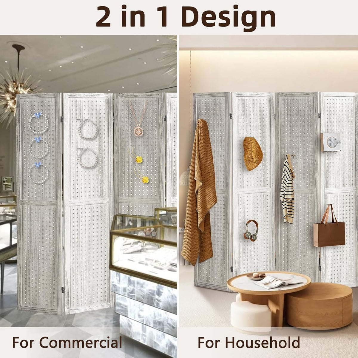 4 Panel Pegboard Display with 16 Hooks, Wooden Room Divider Wall and Folding Privacy Screens, Privacy Dividers for Rooms, Pegboard Room Divider, Jewelry Store, Retail Store, Bedroom, White