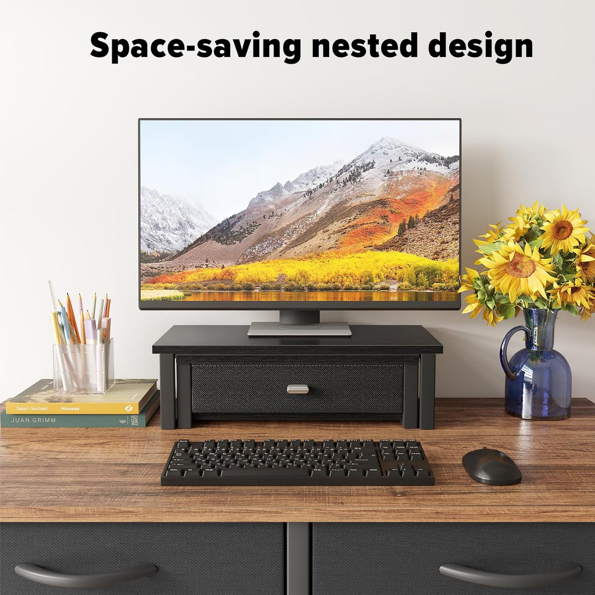 WOHOMO Dual Monitor Stand Riser with Drawers, Desk Organizers for 2 Monitors, Desktop Storage Stand for Computer,Laptop,Black