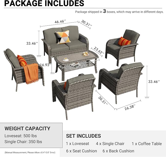 HOOOWOOO Patio Furniture Set, 6 Pieces Outdoor Conversation Set, All Weather