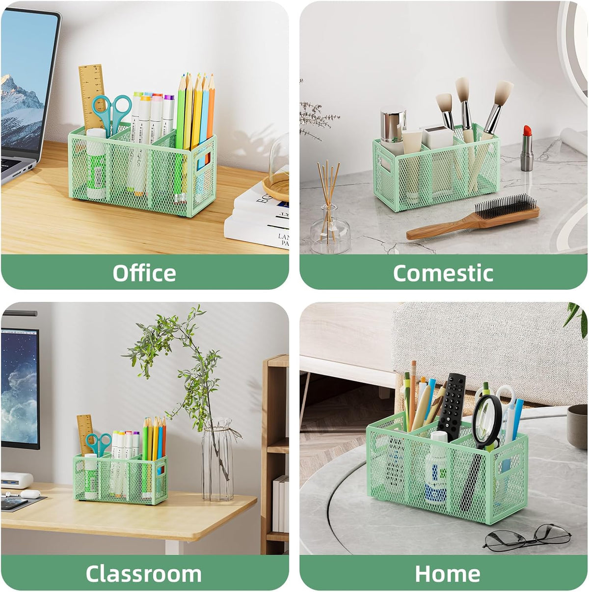 Marbrasse Mesh Pen Holder for Desk,Pencil Holder Desk Organizer 3 Adjustable Compartments,Pencil Cup with Handle Perfect for Classroom, Office, Home,Makeup,Art (Green)