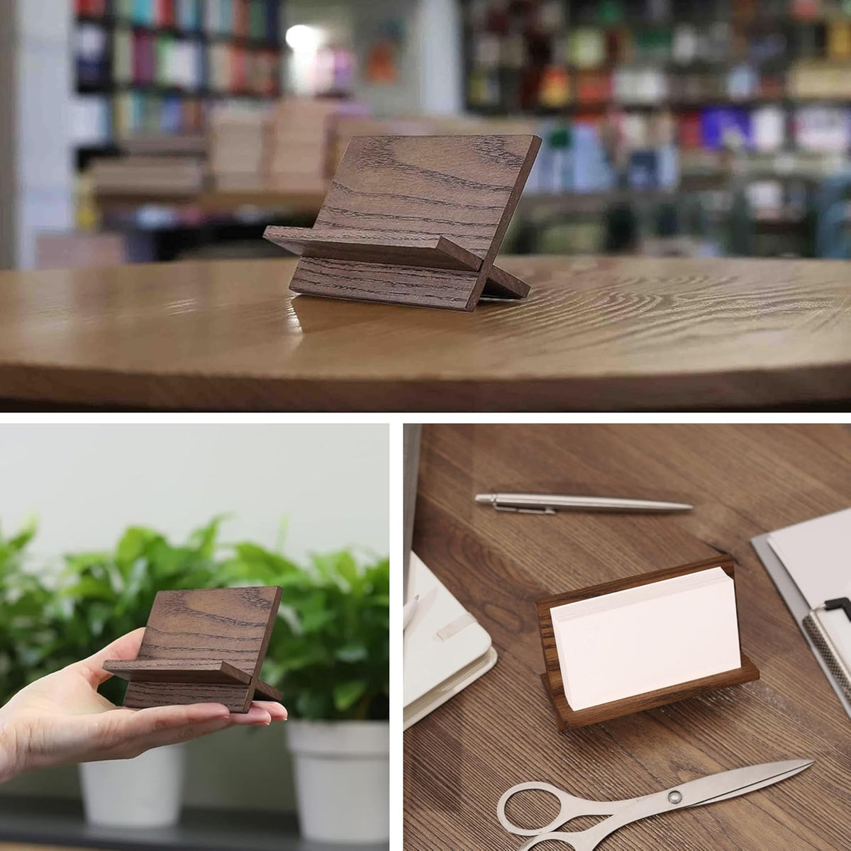 Business Card Holder for Desk - Brown Wood Small Cards Holders, Professional Desktop Business Card Stand Display, Wooden Name Card Holder