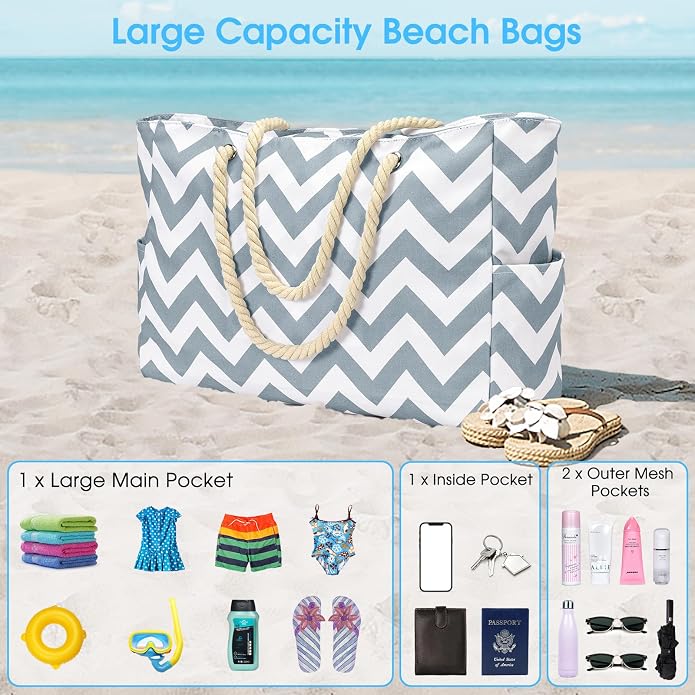 Becokan Beach Bags for Women Large Waterproof Beach Tote Bag Zipper Beach Bags