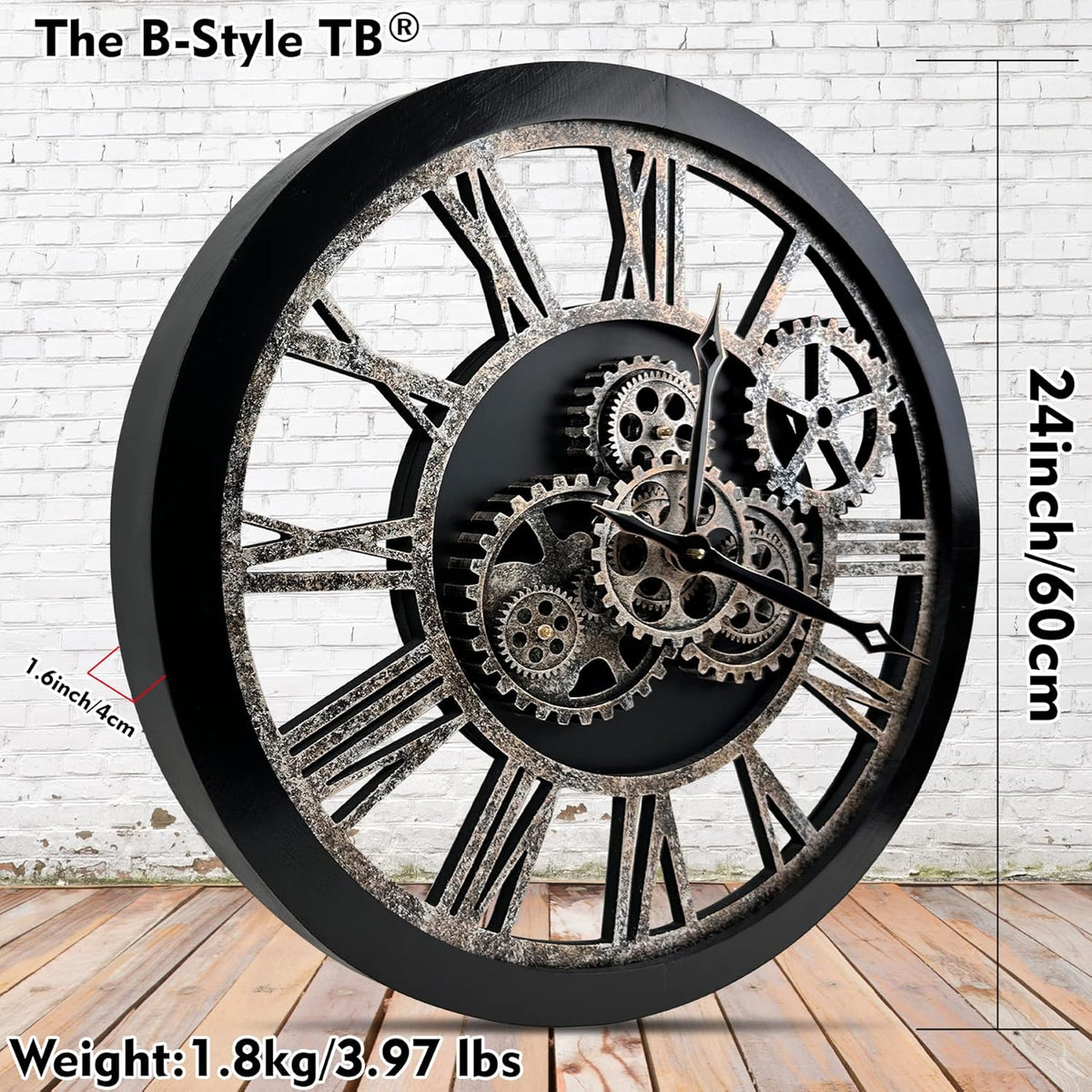 The B-Style Large 24 inch Moving Gear Wall Clock Oversized Vintage Farmhouse Wall Clocks for Living Room Decor Rustic Industrial Wood Clock (Black and Bronze)
