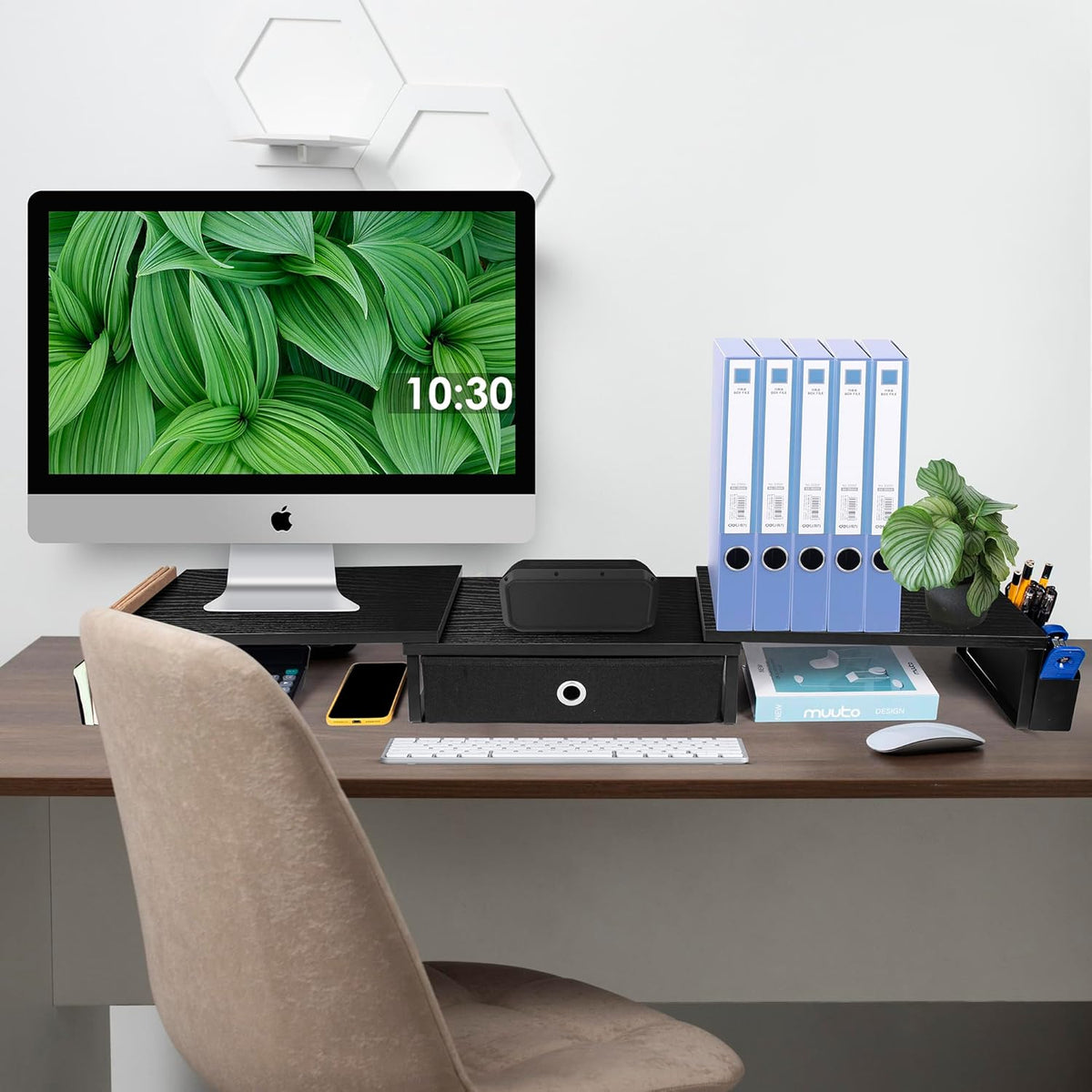 Dual Monitor Stand Riser w/ Drawer & Metal Leg, Large Computer Monitor Riser w/ Storage For 2 Monitors, Desk Shelf For Monitor w/ Adjustable Length & Angle, Desktop Organizer For Laptop/TV/Printer