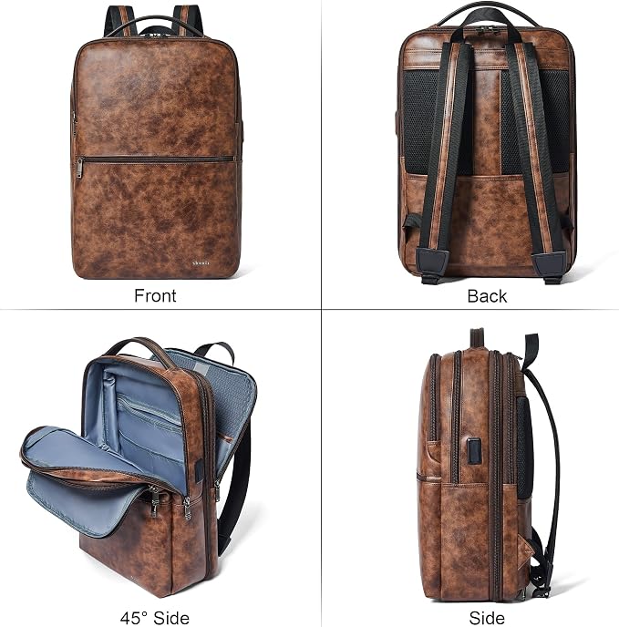 Vegan Leather Laptop Backpack for Women&Men, 16 Inch Expandable Backpack