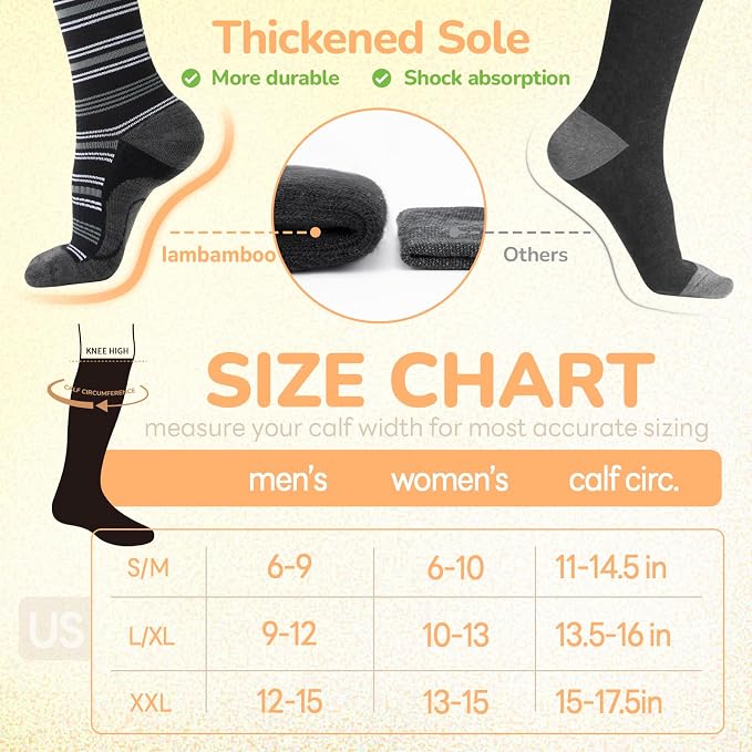 Merino Wool Compression Socks for Women Men, 15-20 mmHg Knee High Socks for