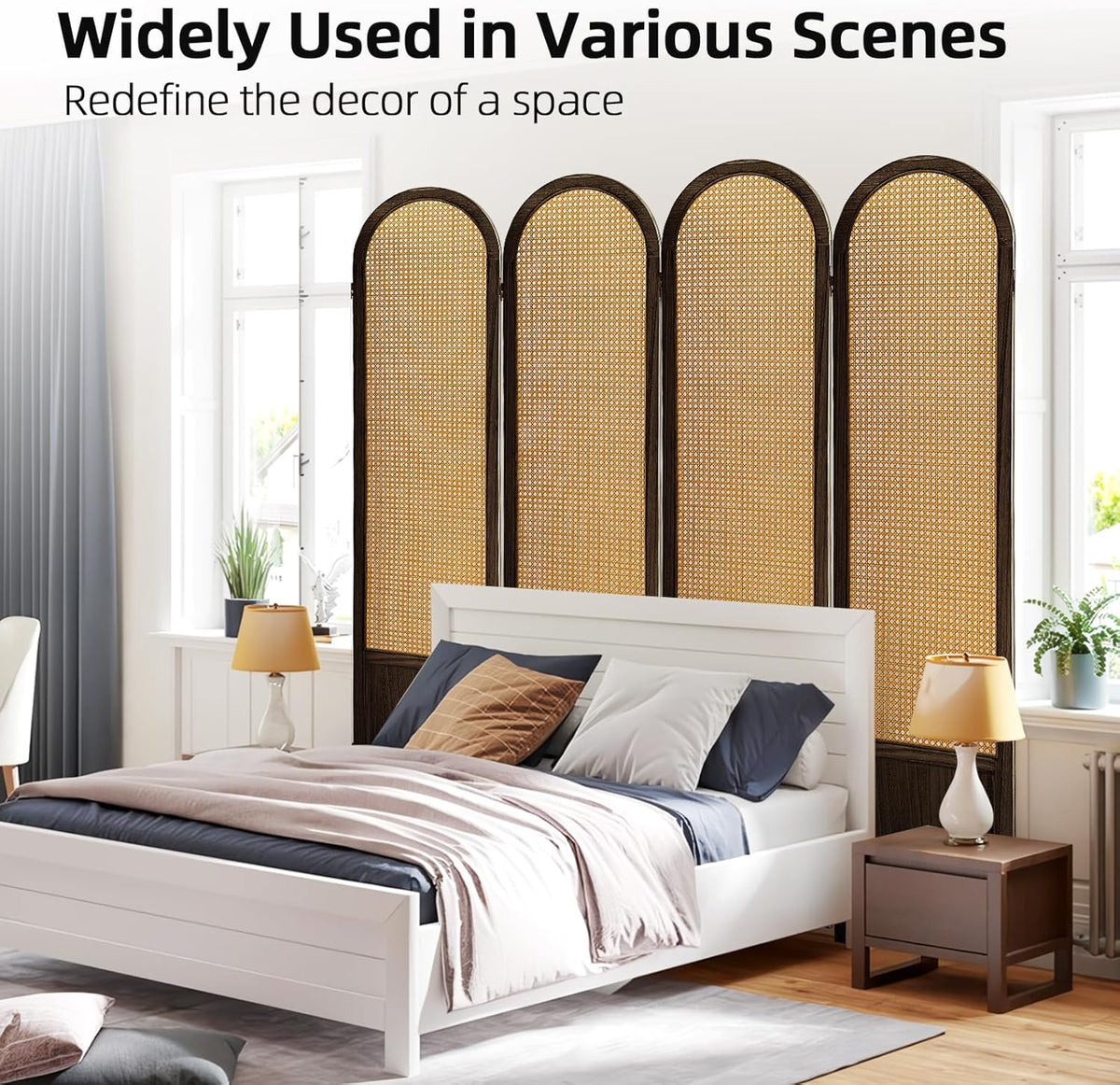 4 Panel Room Divider and Folding Privacy Screen, 5.6 Ft Foldable Double Hinged Rattan Partition, Hand-Woven Rattan Room Divider Portable Wood Freestanding Wall Divider for Room Separation - Brown