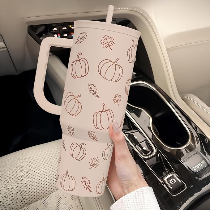 SANDJEST Pumpkin Tumbler with Handle and Straw 40oz – Stainless Sleel Slider Tumbler Travel Coffee Mug for Women - Gift Idea for Fall Autumn Halloween