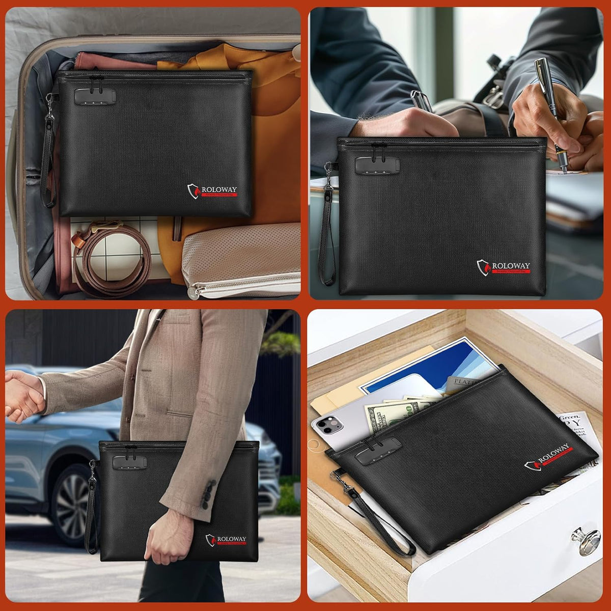 ROLOWAY Fireproof Document Bag (14.5 x 11.5 inch), 6400℉ Fireproof Money Bag with Zipper for Cash, Fire Safe Money Pouch with Lock (Black)