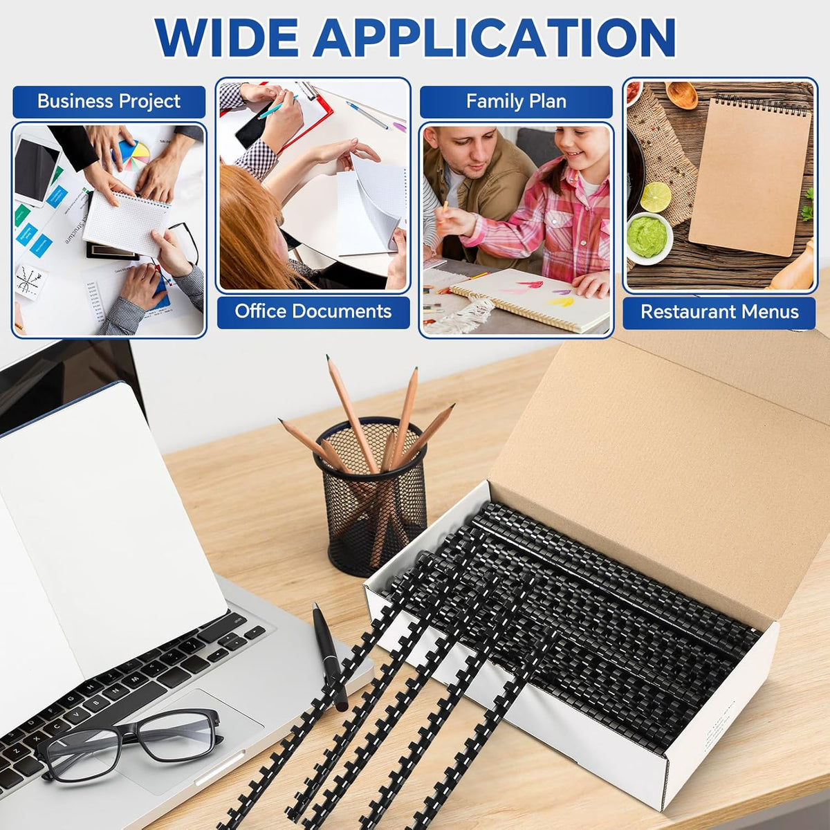 MYFULLY 100 Pack 21 Ring Plastic Comb Binding Spines | 5/8 Inch Diameter, 115 Sheet Capacity, A4, Black Binding Comb (5/8"(115 Sheet Capacity))