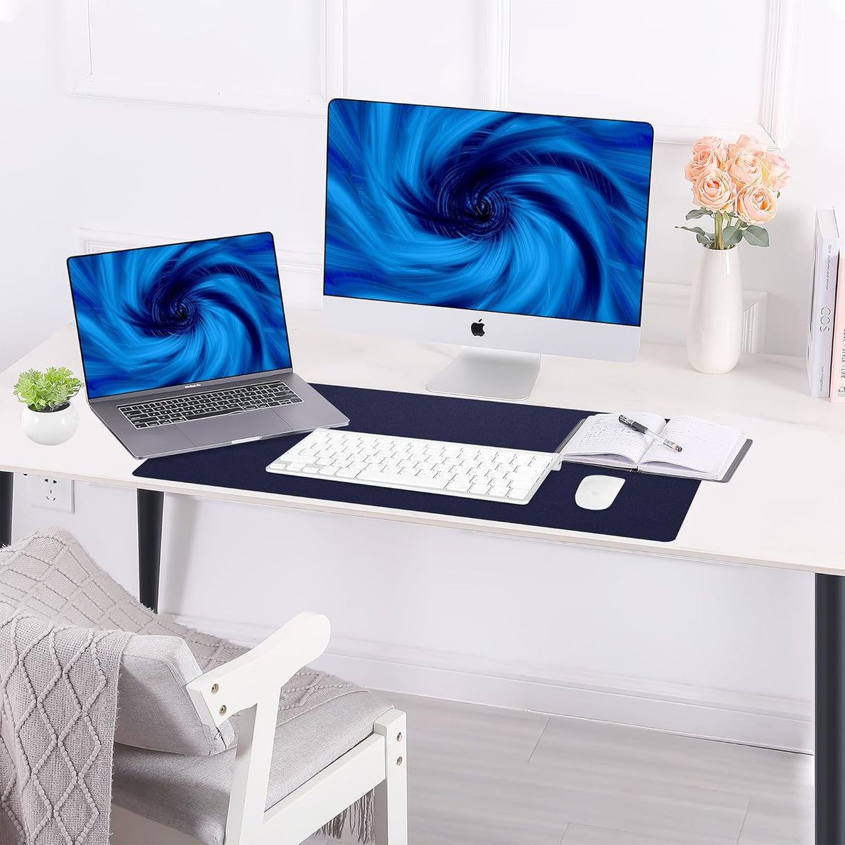 AFIING Dual-Sided Desk Pad, Natural Cork & PU Leather, Desk Mat Protector Non-Slip, Waterproof, Easy Clean,Large Mouse mats for Office and Home Work(Blue, 31.5"x17")