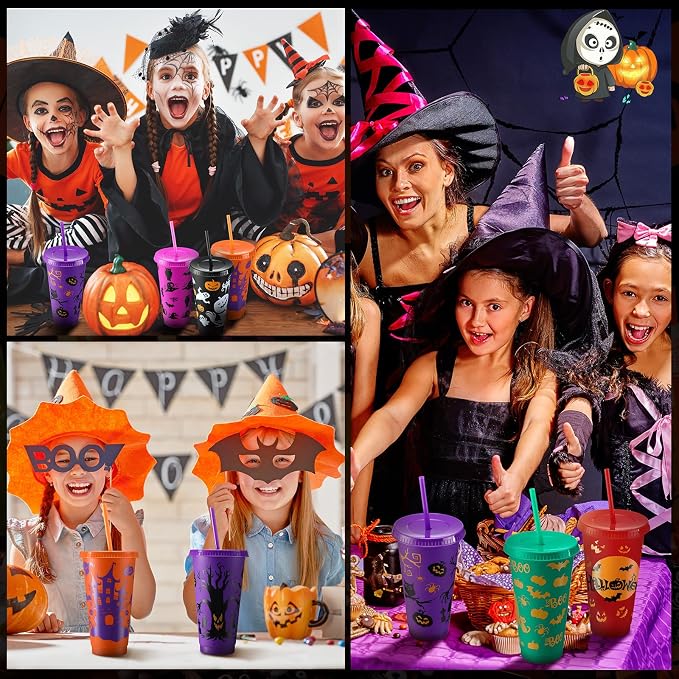 Honeydak 40 Pcs 24oz Halloween Tumblers Bulk Halloween Plastic Cups with Lids Reusable Water Bottle Iced Coffee Travel Mug Cup for Party Holiday Birthdays Goodie Bags Supplies