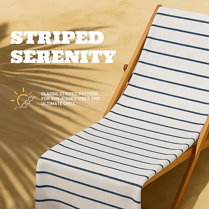White Classic Cotton Pool Towels Oversized 35 x 70 Inches, Ultra Absorbent and Low Lint Striped Beach Towels for Adults, Stripes Design Luxury Extra Large Bath Towels, Navy Blue, 3 Pack
