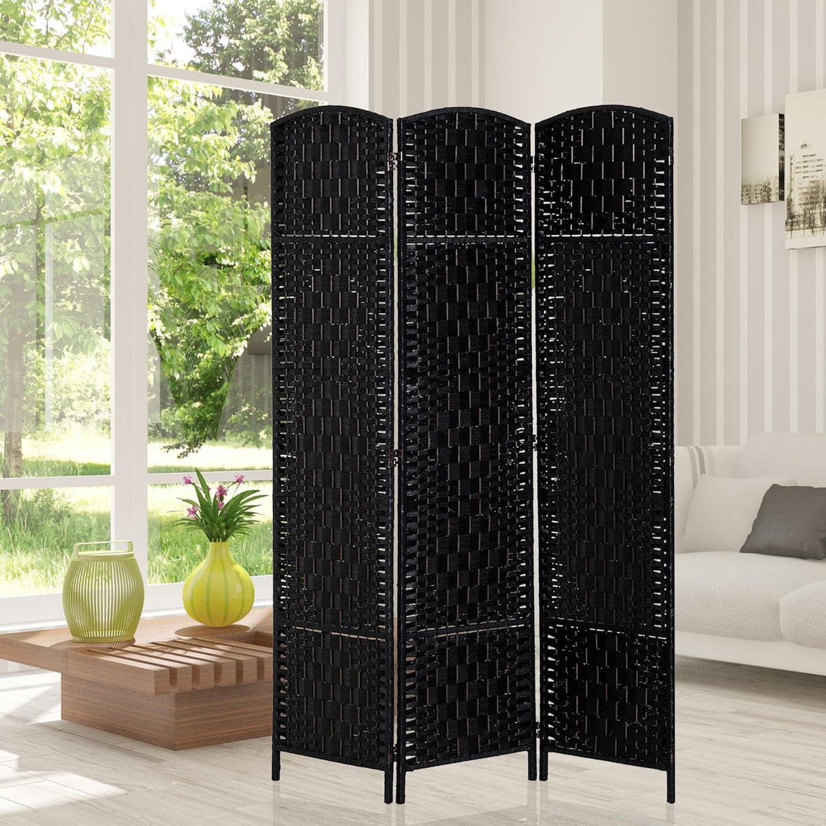 HOMCOM Room Divider, 3 Panel Folding Privacy Screen, 6FT Tall Portable Wicker Weave Partition Wall Divider for Bedroom, Home Office, Black