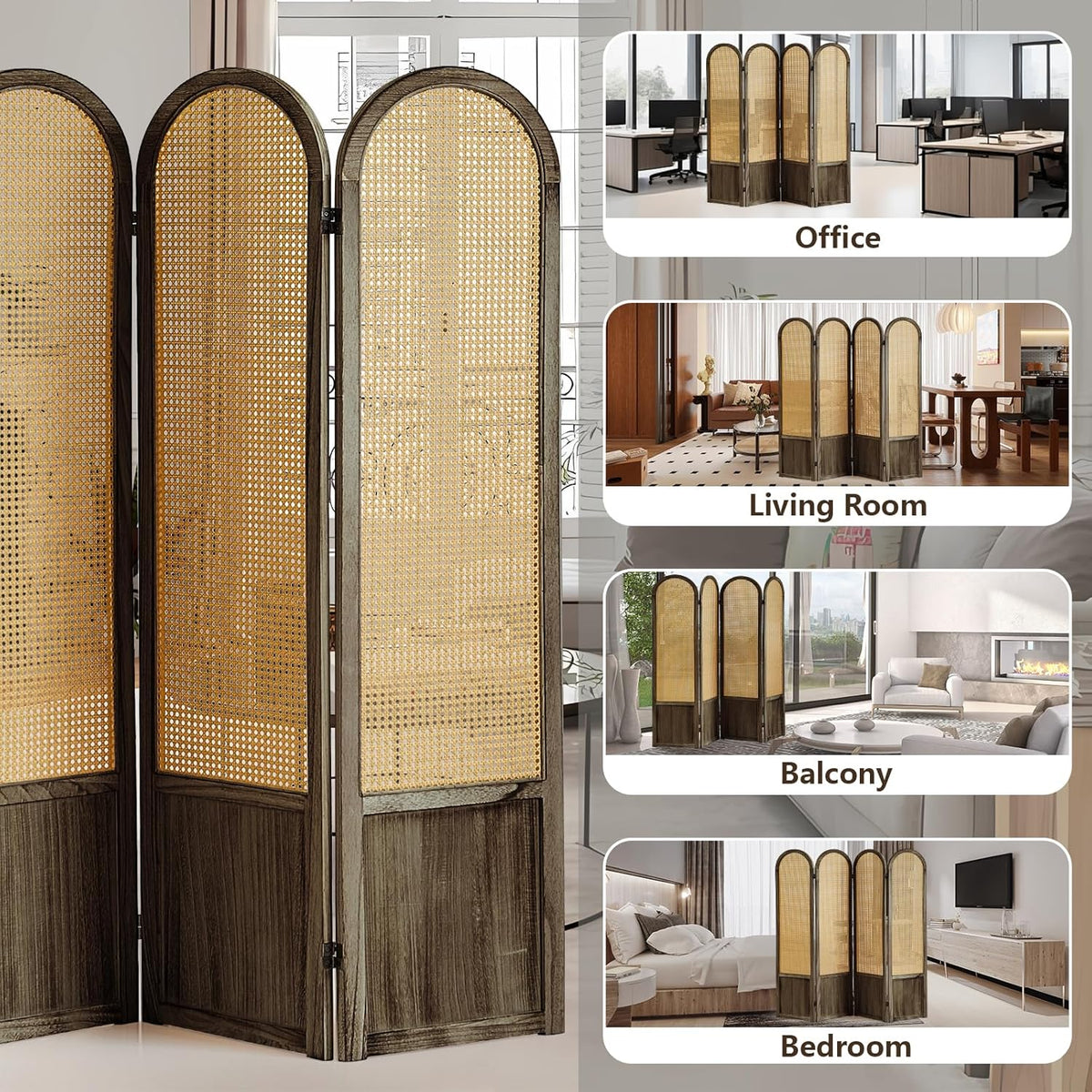 4 Panel Rattan Room Divier, Room Divider Panel and Folding Privacy Screens, Room Divider Wall, Solid Wood Frame, Partition Room Dividers, Bedroom, Dining Room, Lounge, Dark Brown