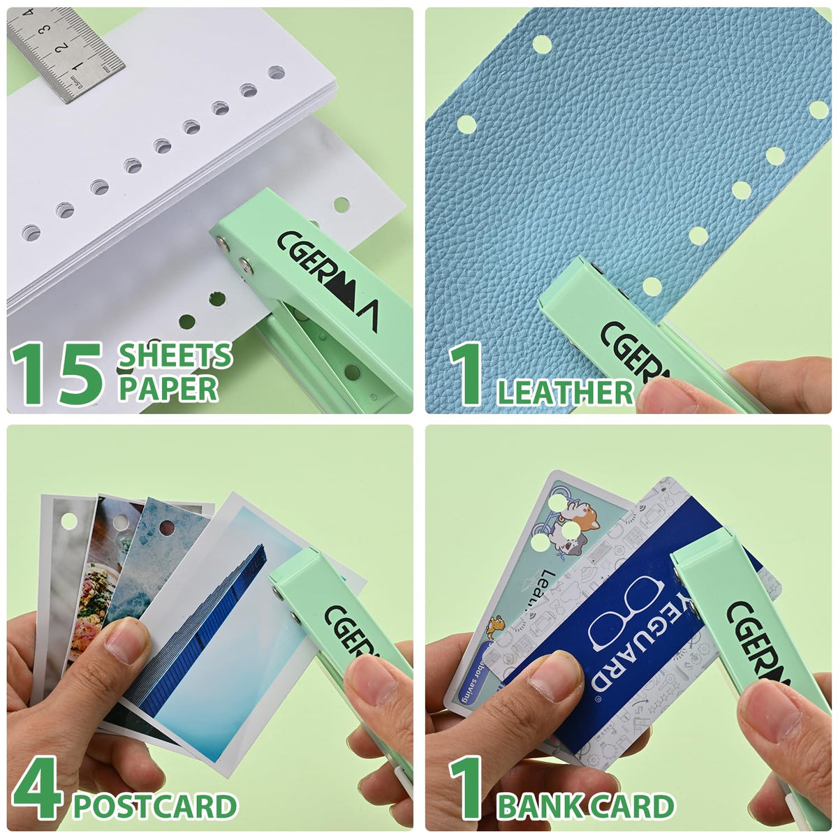 Single Hole Puncher, 1/4" Hole, 50% Labor Savings, Heavy Duty Metal Punch, 15 Sheet Capacity, for ID Cards, Chipboard, Art Project, Crafts Easy Punching, Green