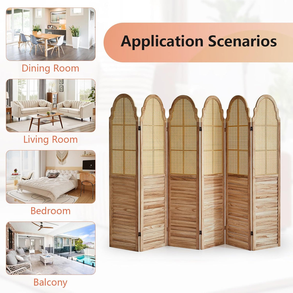 6 Panel Rattan Folding Screen Room Divider, Privacy Dividers for Rooms, Louvered Partition Dividers, Room Divider Panel for Bedroom, Dressing Room, Balcony, Light Brown