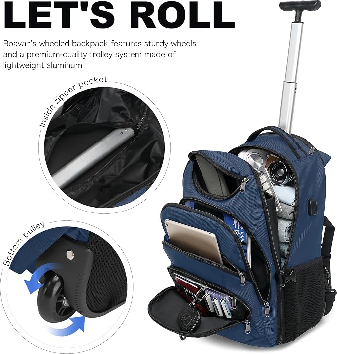 Boavan Rolling Backpack, 17 inch Water Resistant Wheeled Backpack, Carry on