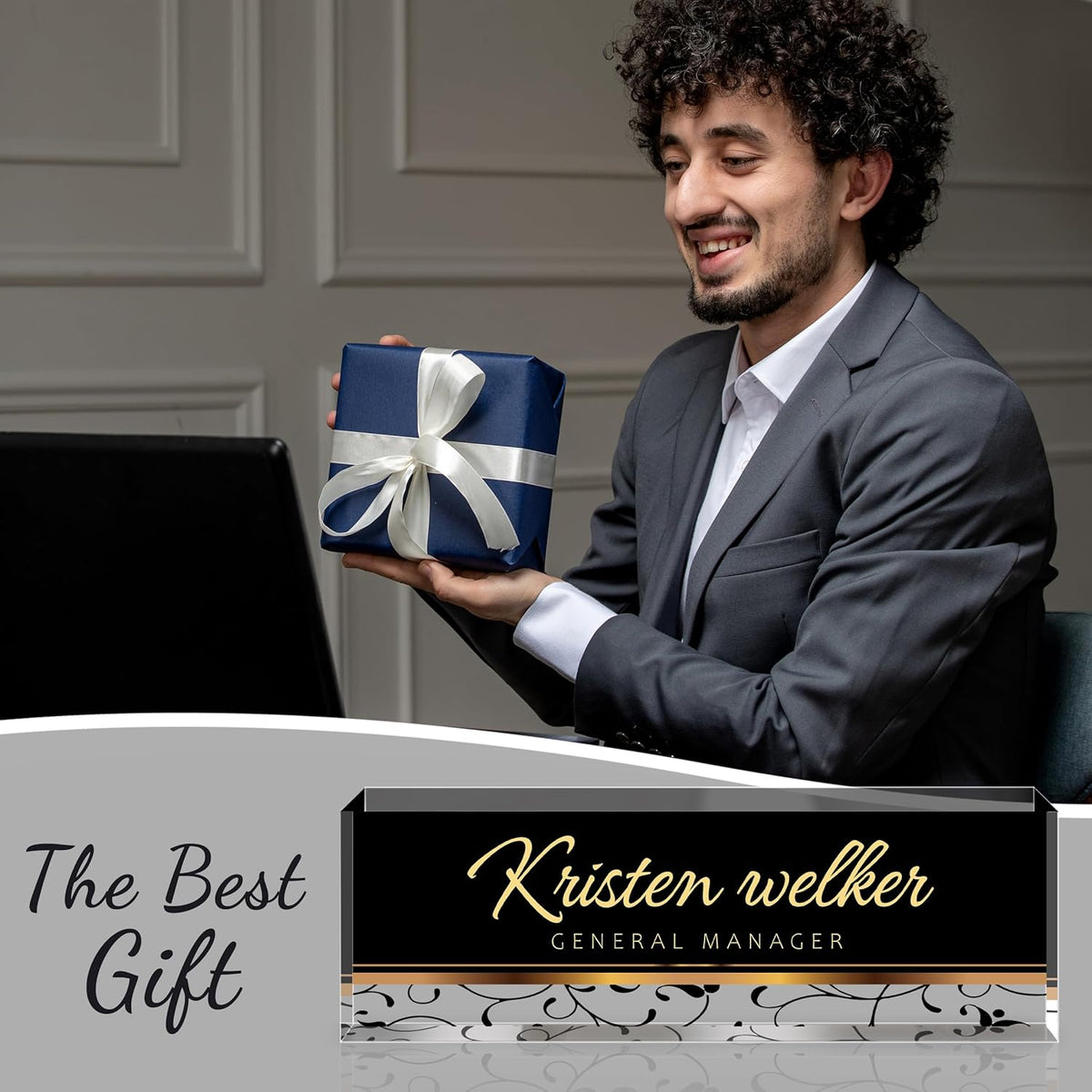 Personalized Name Plate for Desk - Custom Engraved Name Plates for Man - Boss Day Gifts for Boss - Acrylic Office Decor Appreciation Gifts for Teacher Nurse Coworker Social Worker (Black)