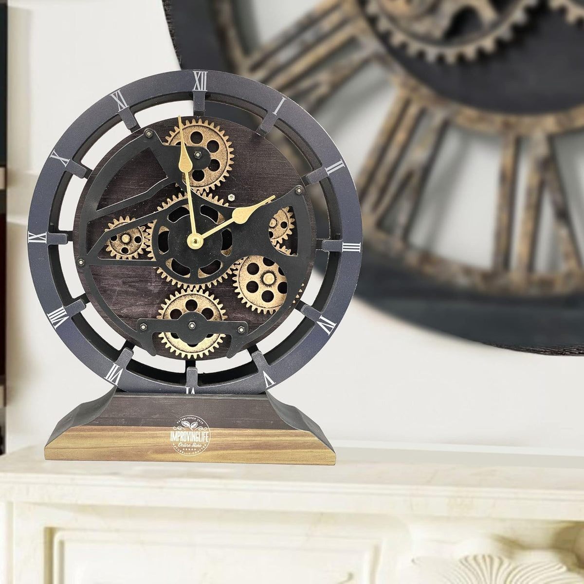 The Gears Clock Desk Clock 10 inches with Real Moving Gears Convertible into Wall Clock (Vintage Black)