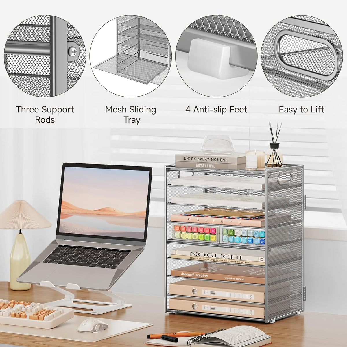 SUBEKYU 9 Tier Paper Organizer for Desk - Metal Mesh Letter Tray File Paper Sorter Organizer Include 6 Pcs Adjustable Height Slid Tray with Handles for Office School Home Organization Storage, Silver
