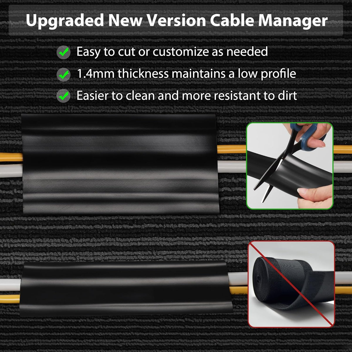 Soft PVC Cord Covers - 8.2ft Self-Adhesive Floor Cable Cover Cord Hider, Gray