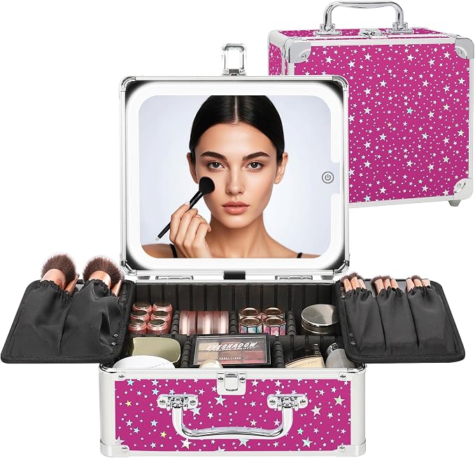 Relavel Makeup Bag with LED Mirror, Makeup Box Travel Train Case with