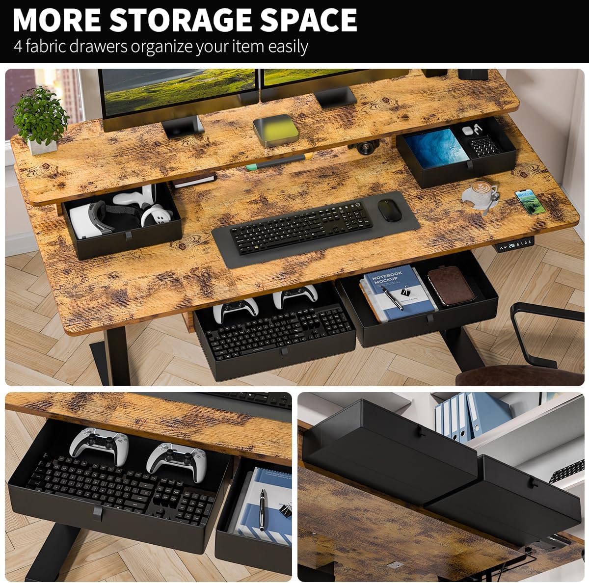 Standing Desk with Fast Charging USB Ports, 63" x 30" Height Adjustable Home Office & Gaming Desk, Sit Stand Desk with Built-in Storage Shelf, Hook & Ergonomic Design(Rustic Brown)
