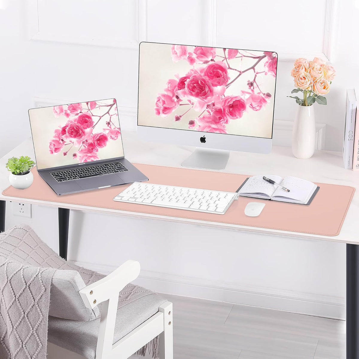 Large Desk Mat -47.2" x 17.5" Leather Desk Pad Protector with Natural Cork & PU Leather, Non-Slip Office Desk Mat, Double-Sided Mouse Pad, Waterproof Large Desk Pad for Office&Home(Pink)
