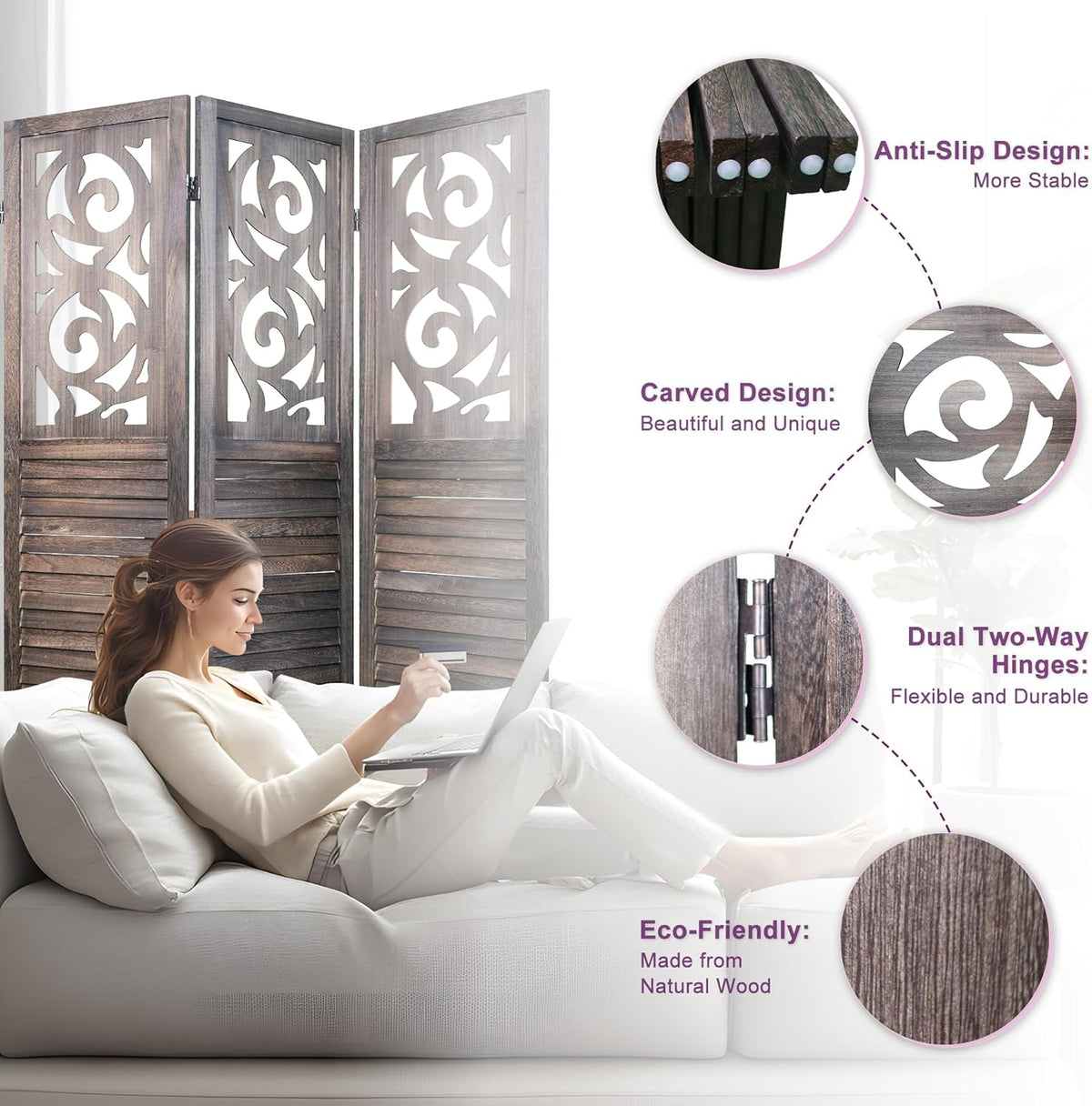 Room Divider, 5.6FT Folding Room Divider Panel, 8 Panel Craved Wood Partition Wall Divider for Room Separation, Rustic Brown