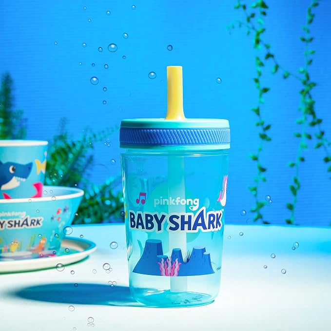 Zak Designs 15oz Baby Shark Kelso Tumbler Set, Leak-Proof Screw-On Lid with Straw Made of Durable Plastic and Silicone, Perfect Bundle for Kids (2pcs Set)