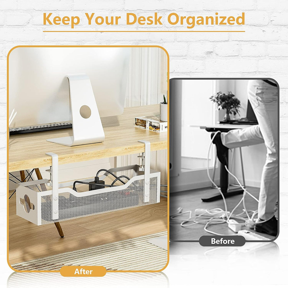 Under Desk Cable Management Tray 15.95", Quszmd Cable Organizer No Drill, Standing Cord Organizer and Wire Management Tray - No Damage to Desk, White