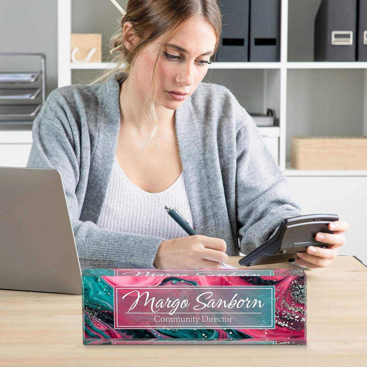 Personalized Name Plate for Desk, Custom Desk Name Plate, Acrylic Name Plate Office Desk Accessories, Personalized Office Gifts for Coworkers Teachers, Employee Appreciation Gifts (C-Teal Spark)