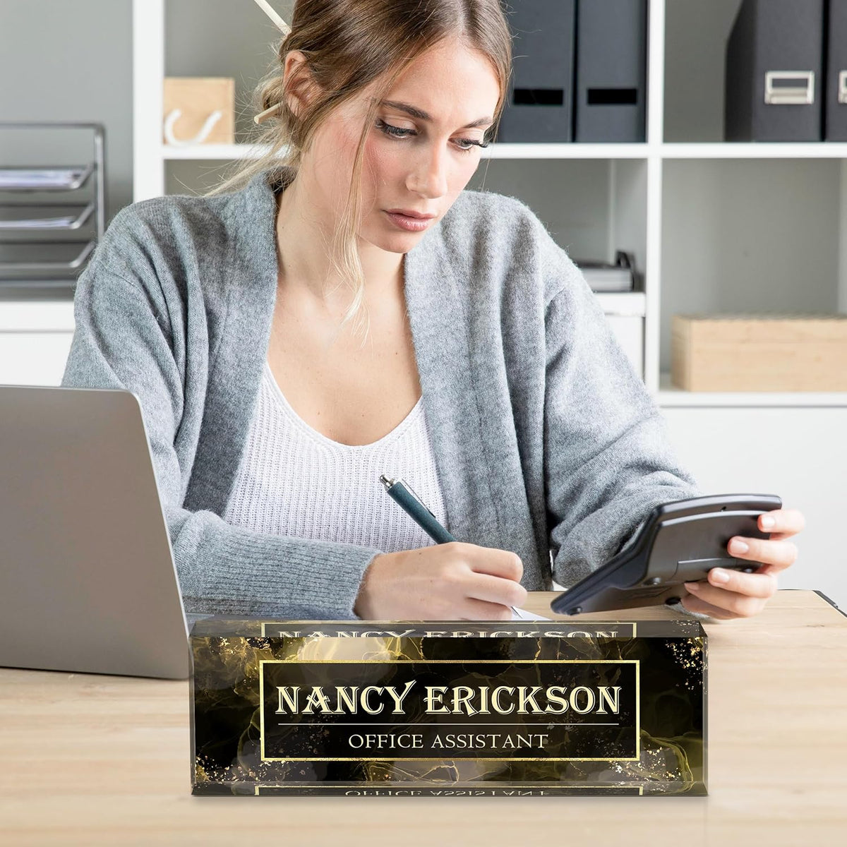 Personalized Name Plate for Desk, Custom Desk Name Plate, Acrylic Name Plate Office Desk Accessories, Personalized Office Gifts for Coworkers Teachers, Employee Appreciation Gifts (B-Gray Marble)