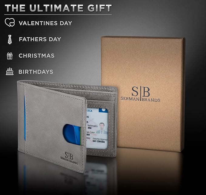 SERMAN BRANDS RFID Blocking Slim Bifold Genuine Leather Thin Minimalist Front