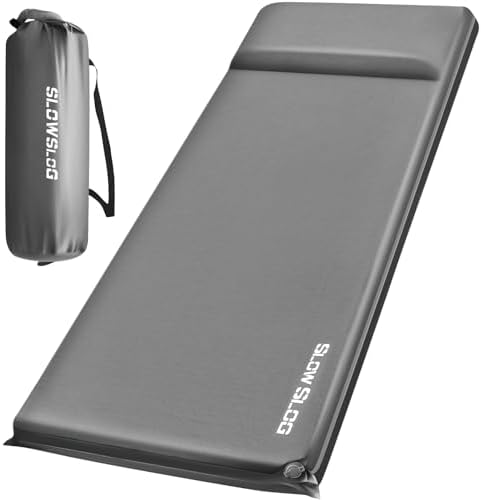 Self-Inflating Foam Camping Mattress with Built-in Pillow, 8cm Thick, Gray