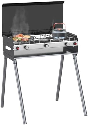 CAMPLUX 2 Burners & 1 Grill Propane Camping Stove, 15,000 BTU Portable Outdoor Propane Camping Grill Burner with Free Standing Legs, Auto-Ignition Gas Stove with Regulator, Black