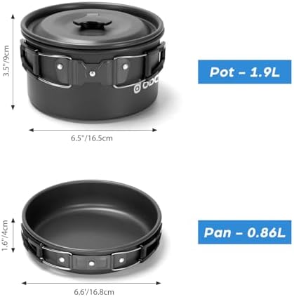 Odoland 15pcs Camping Cookware Mess Kit, Lightweight Pot Pan Kettle Set