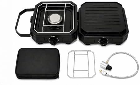 Camping Stove 2 Burner Propane with Griddle, Portable Foldable Camp Stove with Piezo Ignition, Adjustable Burners, Gas Hose & Carry Bag