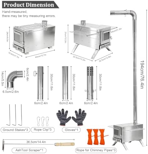 unho Stainless Hot Tent Stove： Prevent rusting 15in with 6 Chimney Pipes