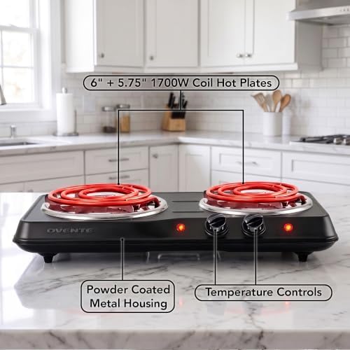 OVENTE Electric Double Burner, 1700W Coil Hot Plate, Black BGC102B
