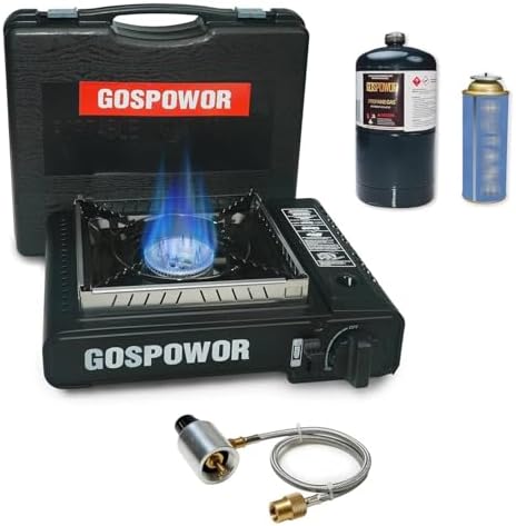 Propane or Butane Stove with Windblocker,Dual Fuel 10,000 BTU Propane Stove for Camping, Automatic Ignition Gas Portable Stove with Propane Adapter Hose Carrying Case for Outdoor (Fuel Not Included)
