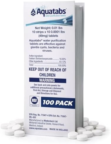 Aquatabs 49mg Water Purification Tablets, 100 Pack, Hiking & Camping